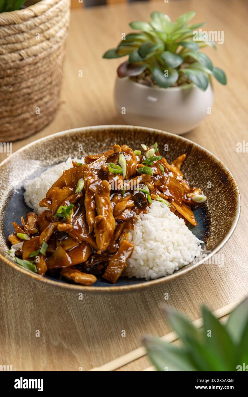 Delizioso pollo teriyaki sul riso in un'elegante ciotola Foto Stock