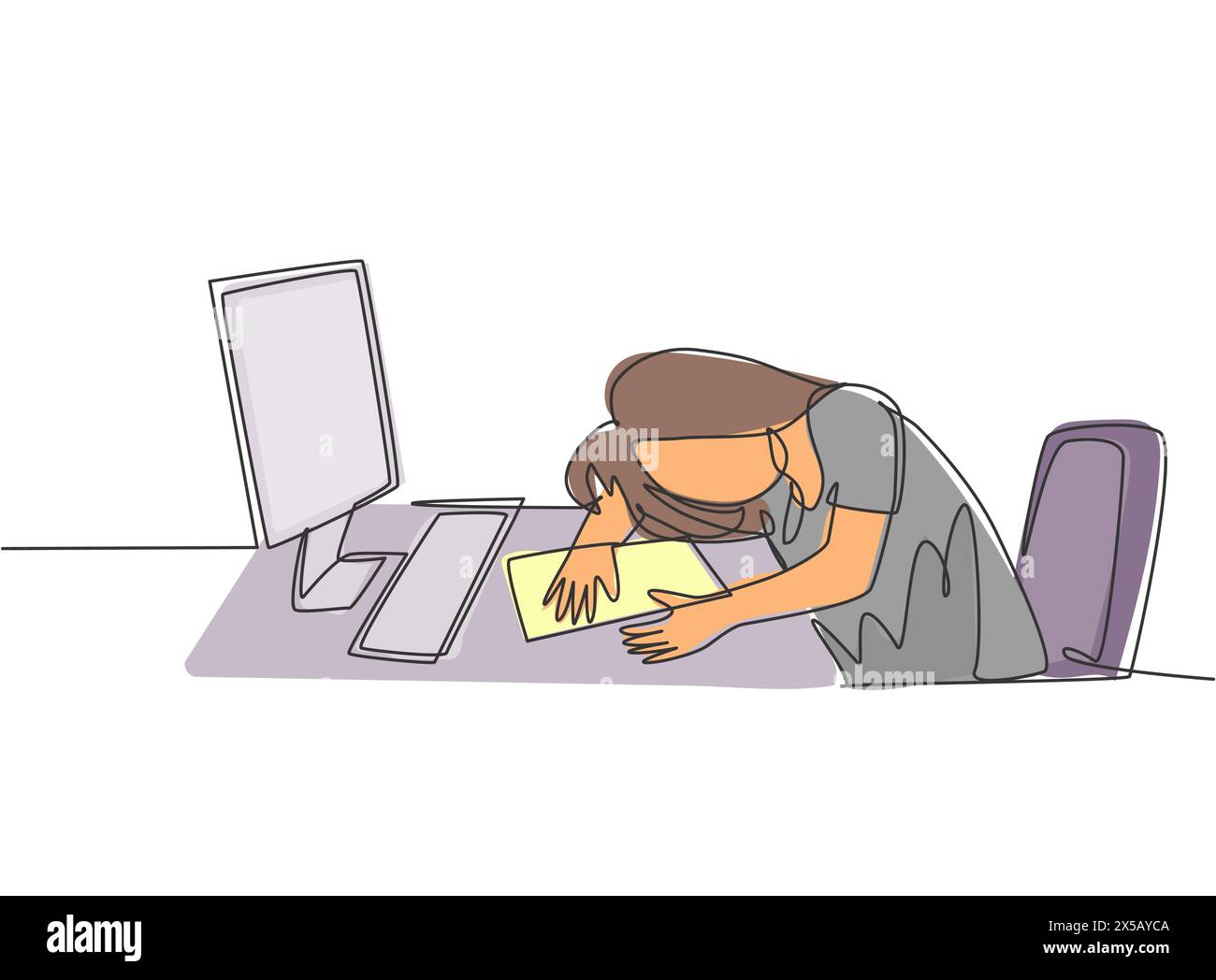 Un unico disegno continuo di una giovane dipendente stanca che dorme sulla scrivania con il computer. Il concetto di fatica lavorativa in ufficio. Uno alla moda Illustrazione Vettoriale