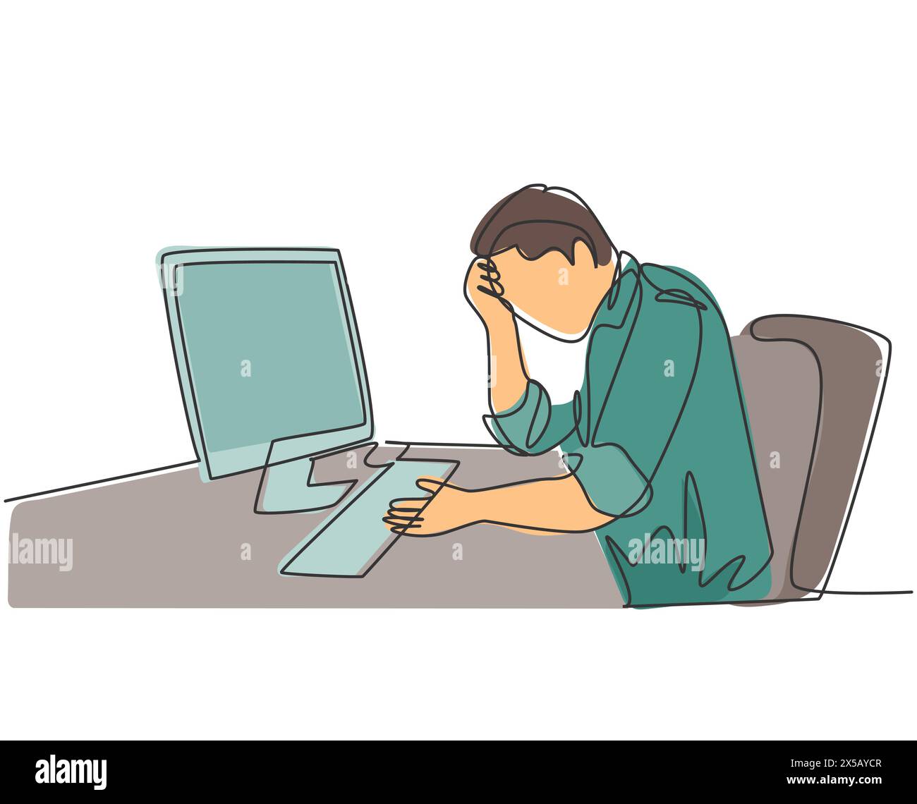 Un unico disegno continuo di un giovane uomo d'affari stanco si sente vertiginoso mentre lavora in ufficio. Fatica del lavoro dopo sovraccarico. Alla moda Illustrazione Vettoriale