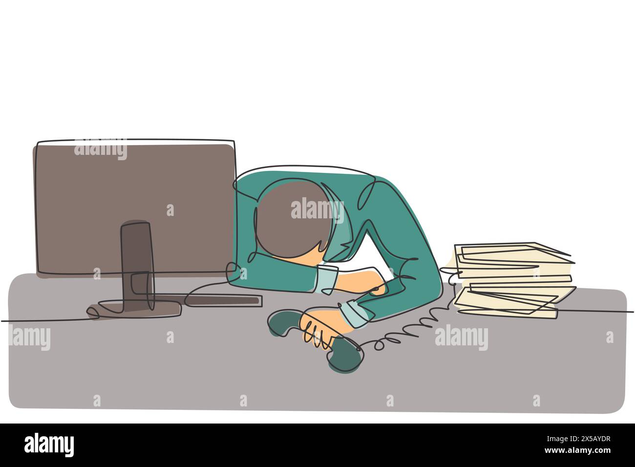 Disegno a linea singola continua del giovane manager della disperazione che dà in su la risposta alla chiamata telefonica e copra il suo volto sulla scrivania. Sovraccarico di lavoro presso l'ufficio conce Illustrazione Vettoriale