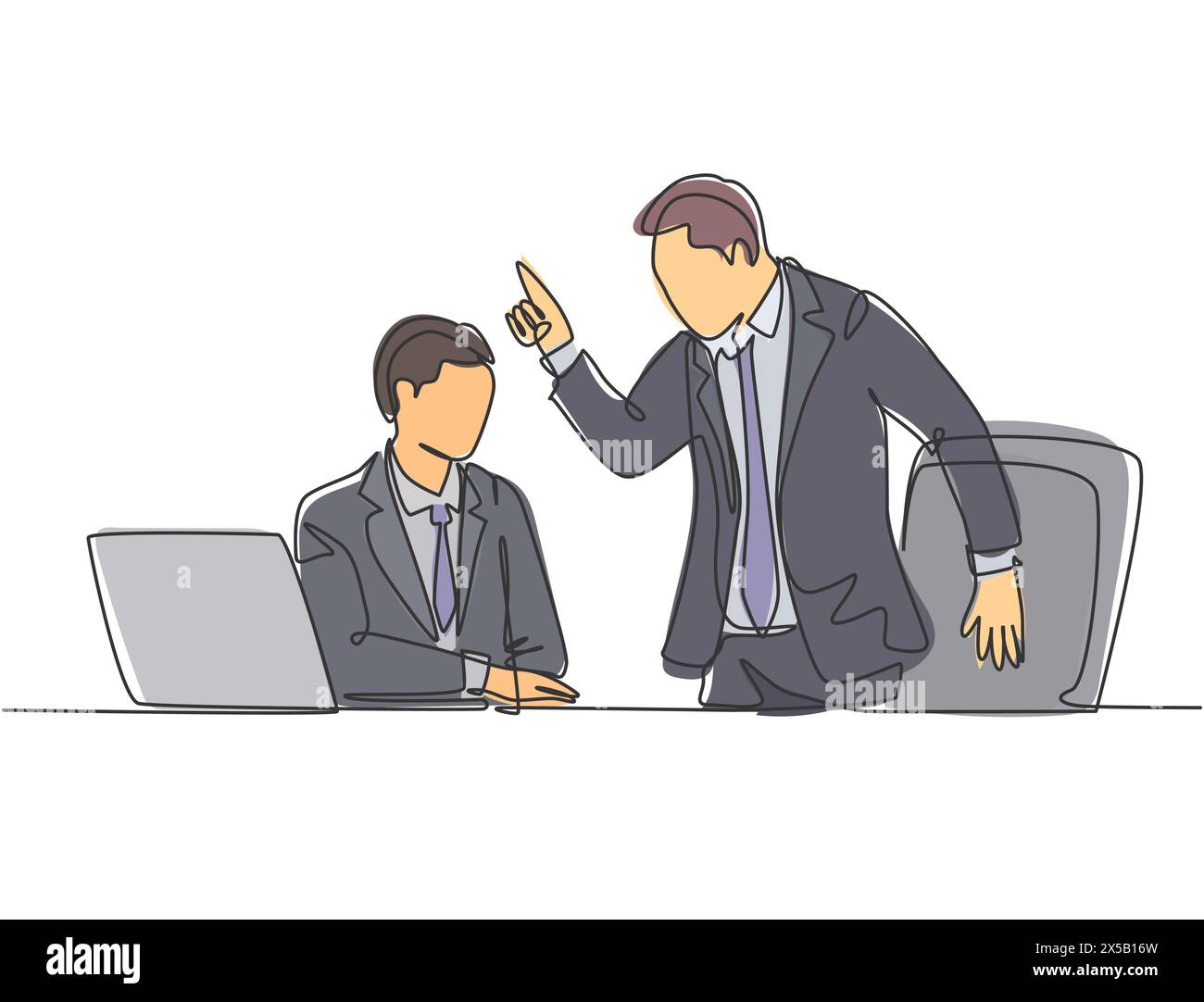 Un unico disegno di un giovane manager turbato che chiede al personale degli errori relativi alle prestazioni dei dati di vendita. Problema di lavoro in ufficio. Continuo alla moda Illustrazione Vettoriale