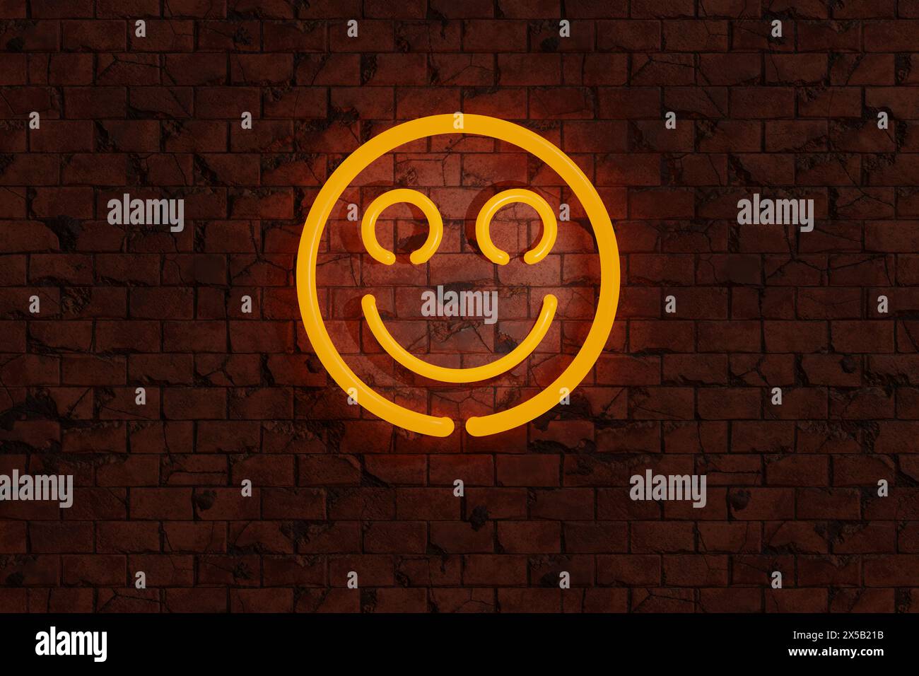 Luci al neon gialle, segno di faccia sorridente su un muro di mattoni rossi. Illustrazione del concetto di felicità, divertimento, gioia e sensazione positiva Foto Stock