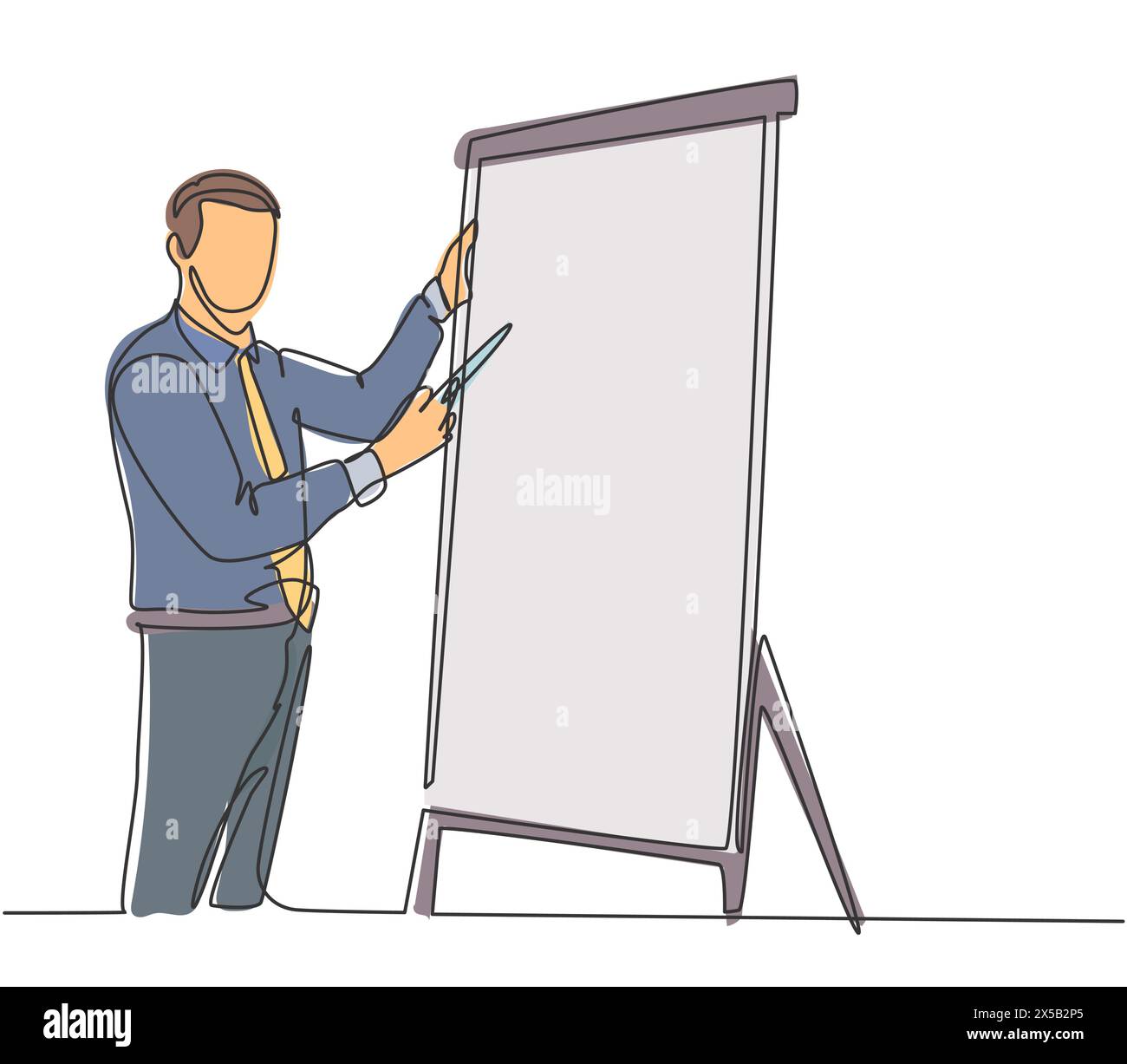 Un disegno continuo della linea di scrittura del giovane manager formula di successo di affari sulla lavagna a fogli mobili e ripartirlo al pubblico. Concetto di formazione aziendale singolo Illustrazione Vettoriale