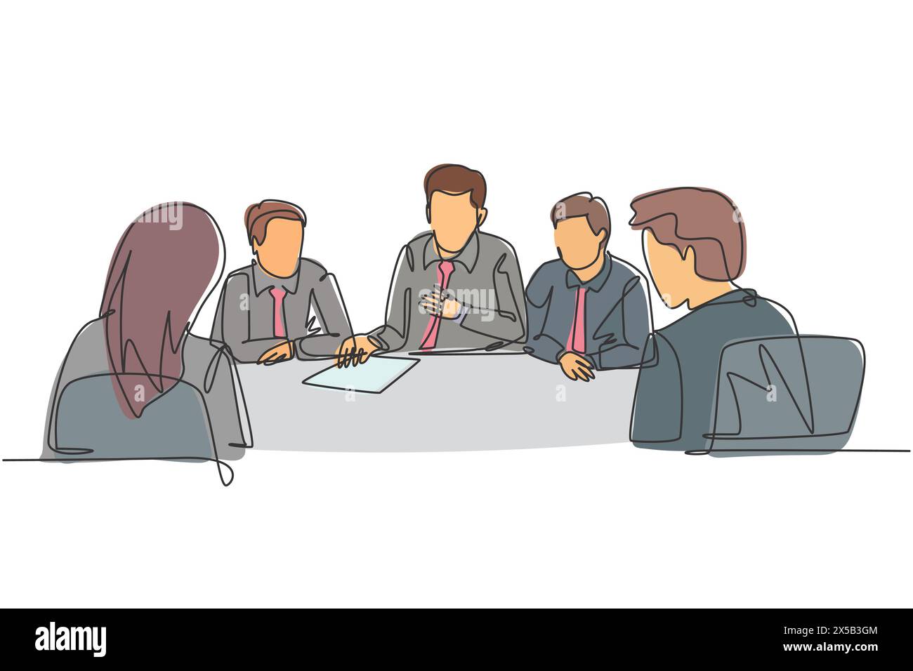 Un disegno continuo di linea del responsabile senior che fornisce istruzioni per aumentare le vendite dei prodotti ai membri del team di marketing durante la riunione. Briefing aziendale Illustrazione Vettoriale