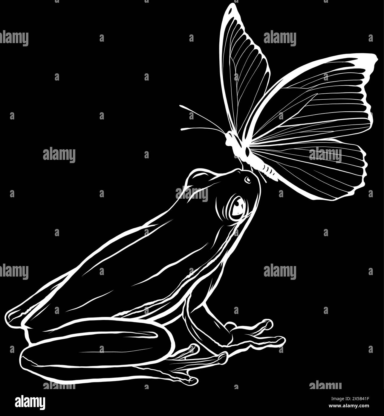 Silhouette bianca di una simpatica farfalla su rana su sfondo nero illustrazione vettoriale Illustrazione Vettoriale
