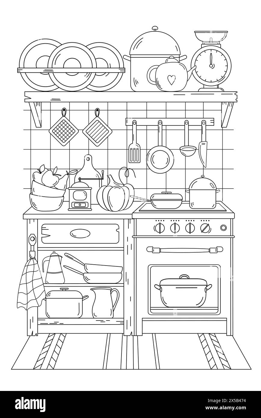 Home Kitchen Coloring Book per adulti e bambini Illustrazione Vettoriale