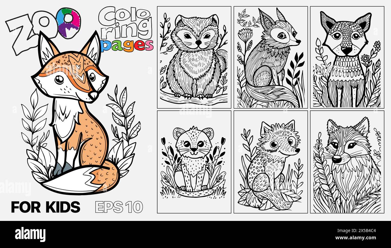 Un set di sei pagine da colorare per gatti per bambini. Le pagine presentano diversi tipi di animali e sono progettate per essere colorate dai bambini. Kindle. POD Illustrazione Vettoriale