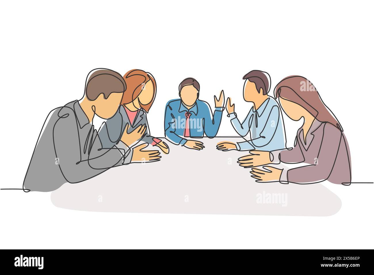 Un disegno continuo di linea dei giovani responsabili di vendite maschili e femminili che si riunono per discutere l'obiettivo dell'azienda all'ufficio. Strategia di marketing delle vendite con Illustrazione Vettoriale