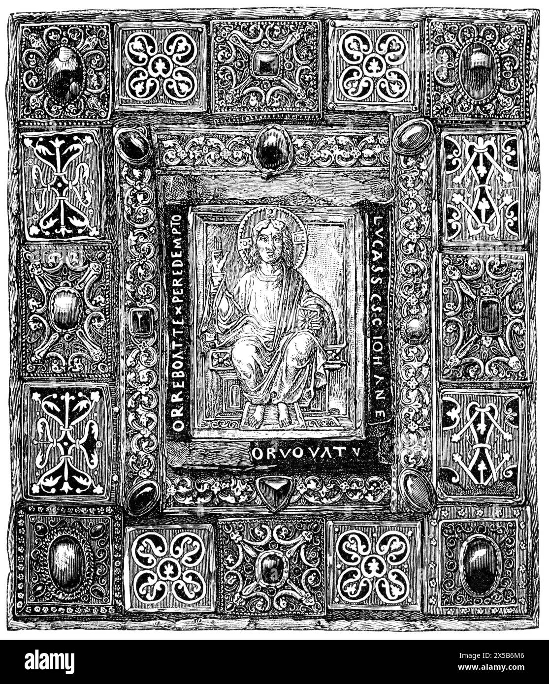 Copertina di un libro gospel. Periodo carolingio. Il lavoro di Goldsmith con smalto, pietre preziose e cristalli. Primo romanico. Foto Stock Copertina di un libro gospel. Periodo carolingio. Il lavoro di Goldsmith con smalto, pietre preziose e cristalli. Primo romanico. Foto Stock
