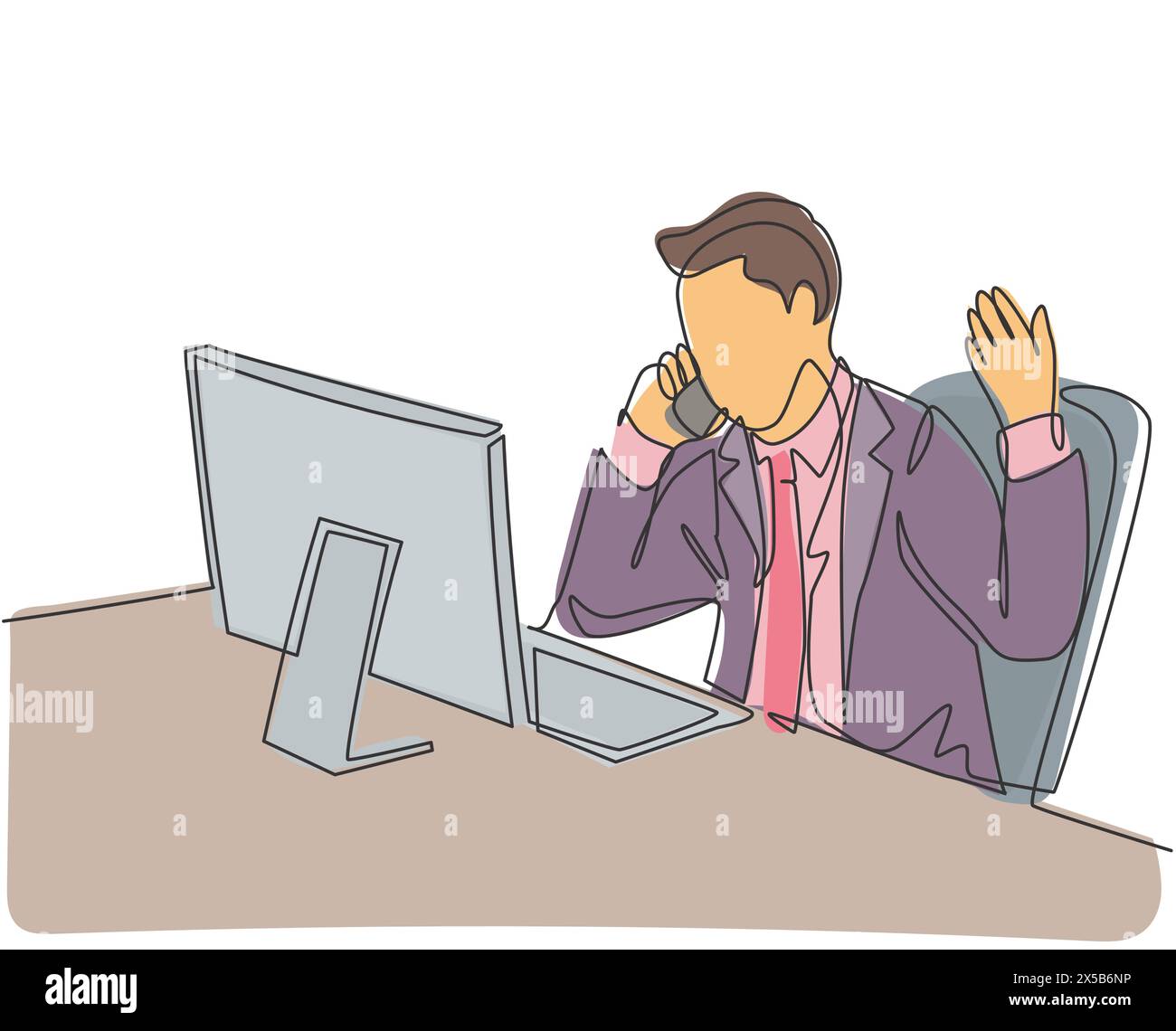 Un disegno continuo di linea del giovane dipendente maschio ottiene la chiamata dal suo responsabile e chiede di spiegare le vendite è sceso. Vendite diminuire concetto problema singl Illustrazione Vettoriale