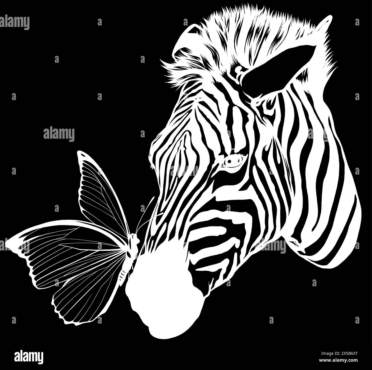silhouette bianca di farfalla sulla testa zebra vettoriale su sfondo nero Illustrazione Vettoriale