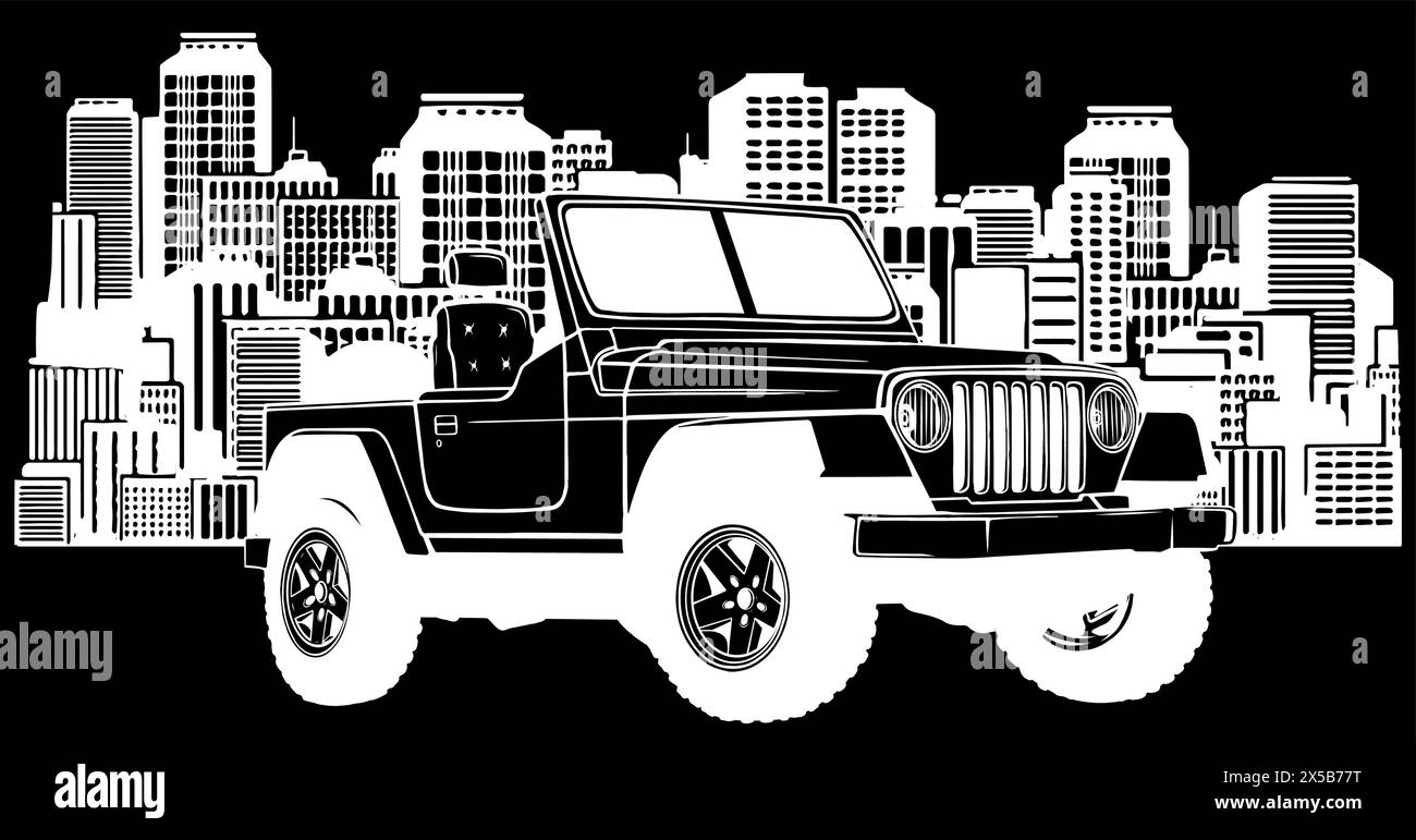 silhouette bianca di jeep davanti a una grande città su sfondo nero Illustrazione Vettoriale