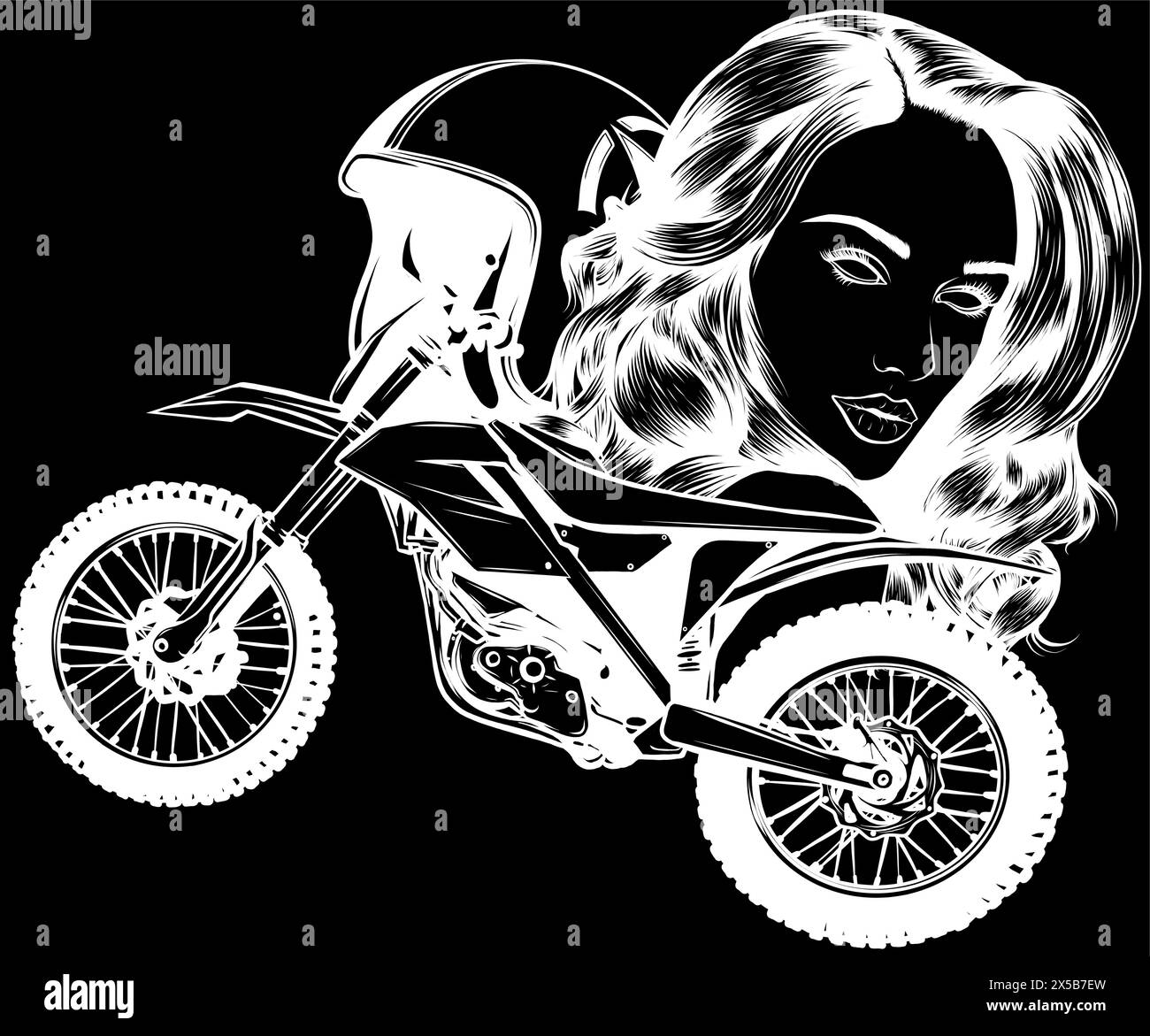 silhouette bianca di cartoni animati a motore incrociato con casco e testa da donna. illustrazione vettoriale su sfondo nero Illustrazione Vettoriale
