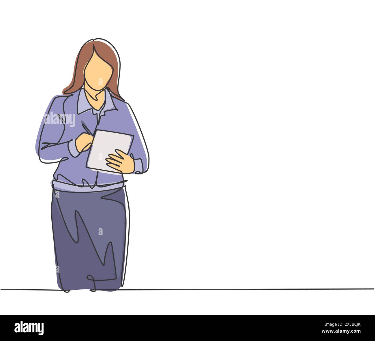 Un disegno della linea singola della giovane donna pensante che si levano in piedi e che pensa la strategia di affari all'azienda. Concetto di strategia di marketing delle vendite. Continua Illustrazione Vettoriale