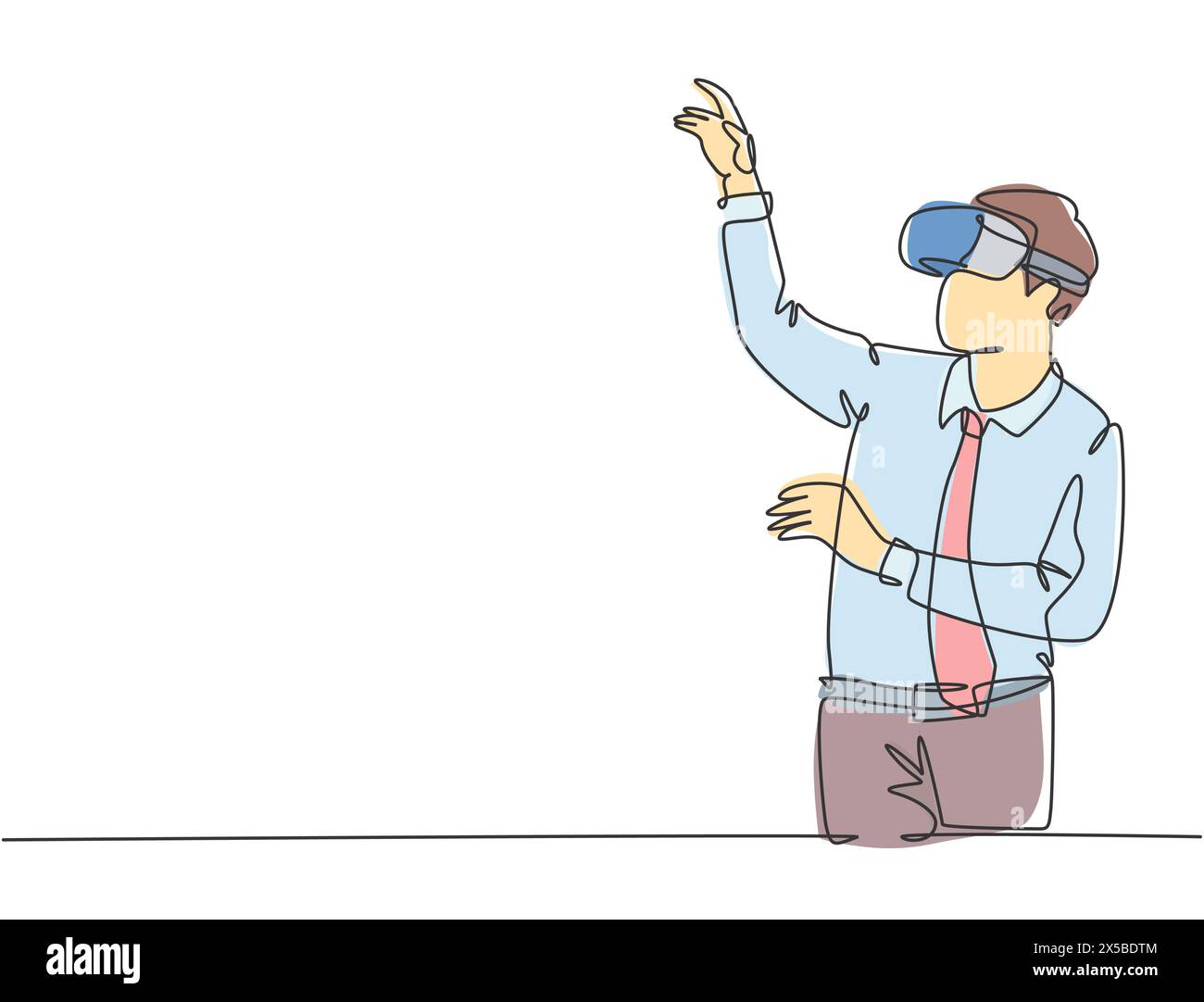 Un disegno continuo di linea di giovane uomo d'affari felice che finge di toccare il pulsante mentre indossa il casco di realtà virtuale. Moderno gioco futuristico video c Illustrazione Vettoriale