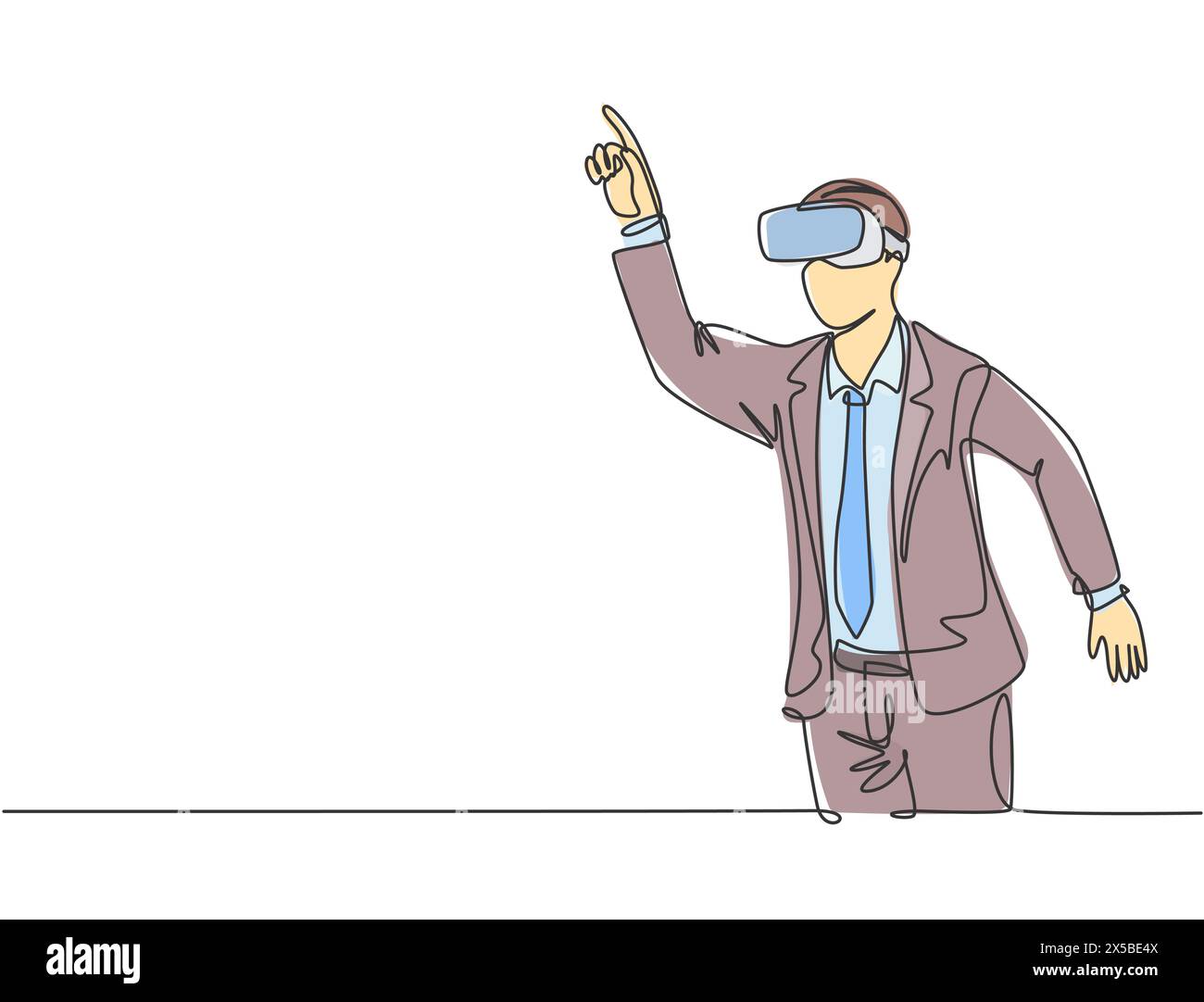 Un disegno continuo di linea di giovane uomo d'affari felice che finge di toccare il pulsante mentre indossa il casco di realtà virtuale. Moderno gioco futuristico video c Illustrazione Vettoriale