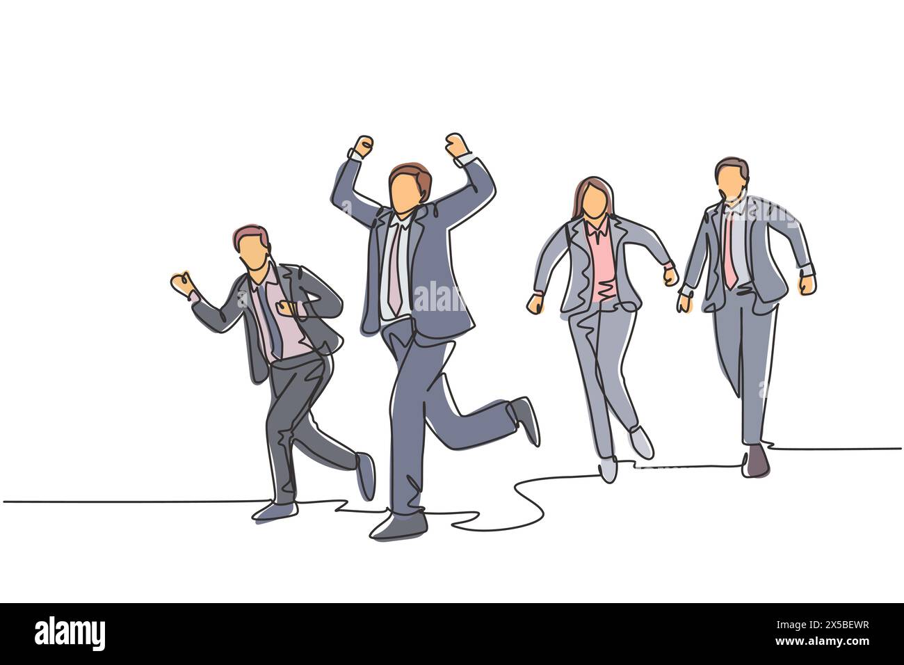 Un disegno a linea singola di un gruppo di lavoratori maschi e femmine che fanno gara sprint sulla linea di arrivo trasversale della pista stradale. Concorrenza di corsa di affari concep Illustrazione Vettoriale