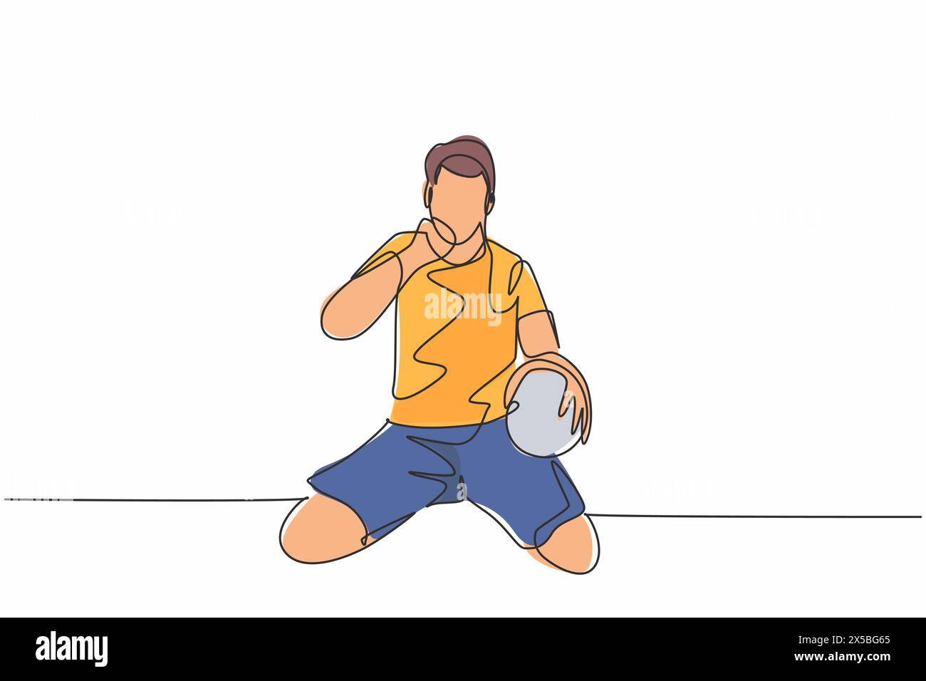 Un disegno continuo di linea del giocatore giovane di calcio mantiene la palla a portata di mano e pugno al cielo per celebrare l'obiettivo. Goal segnando celebrazione co Illustrazione Vettoriale