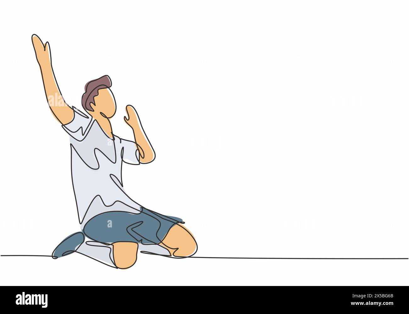 Il disegno continuo di un giocatore di calcio sportivo solleva le mani sul campo dopo aver segnato. Match calcio obiettivo celebrazione concetto uno Illustrazione Vettoriale