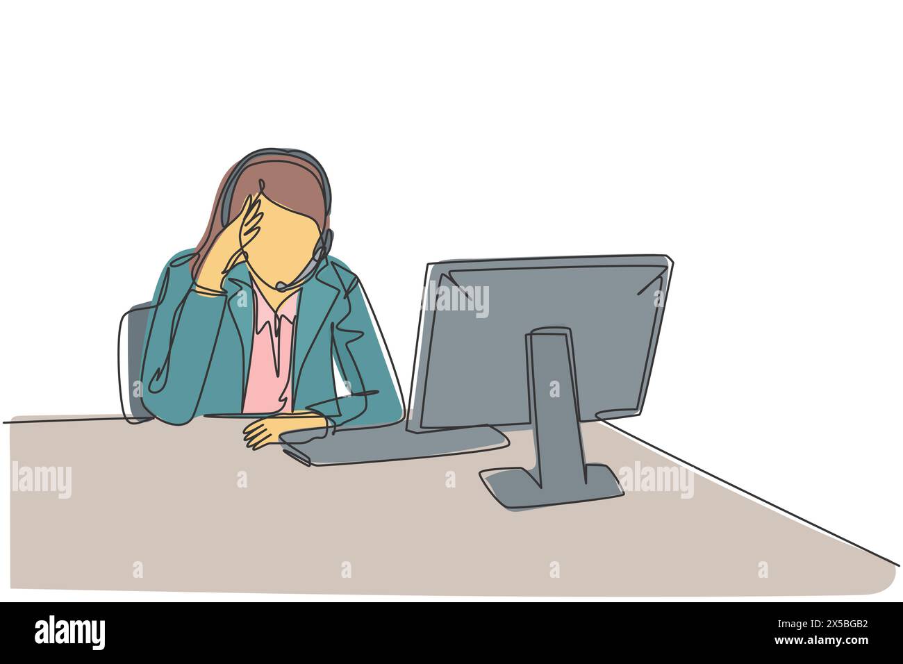Disegno continuo di una linea singola di giovani confuse donne del servizio clienti che rispondono alle telefonate dei clienti tutto il giorno. Assistenza al centro assistenza Illustrazione Vettoriale