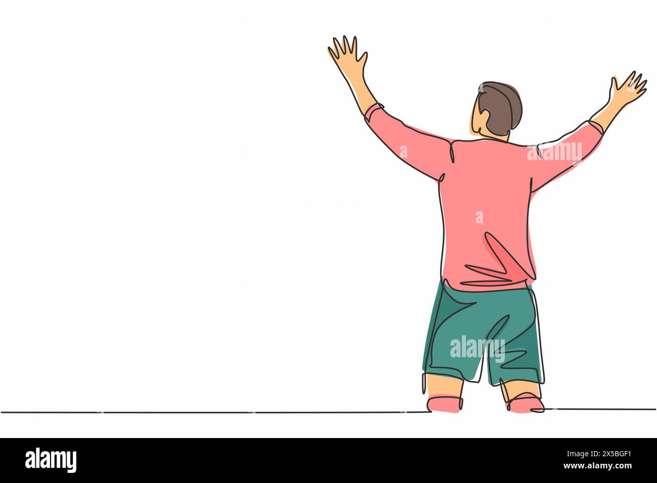 Un disegno continuo di un giovane giocatore di calcio sportivo che si stenderà le braccia e urla forte sul campo. Concetto di celebrazione del punteggio di goal Match Illustrazione Vettoriale
