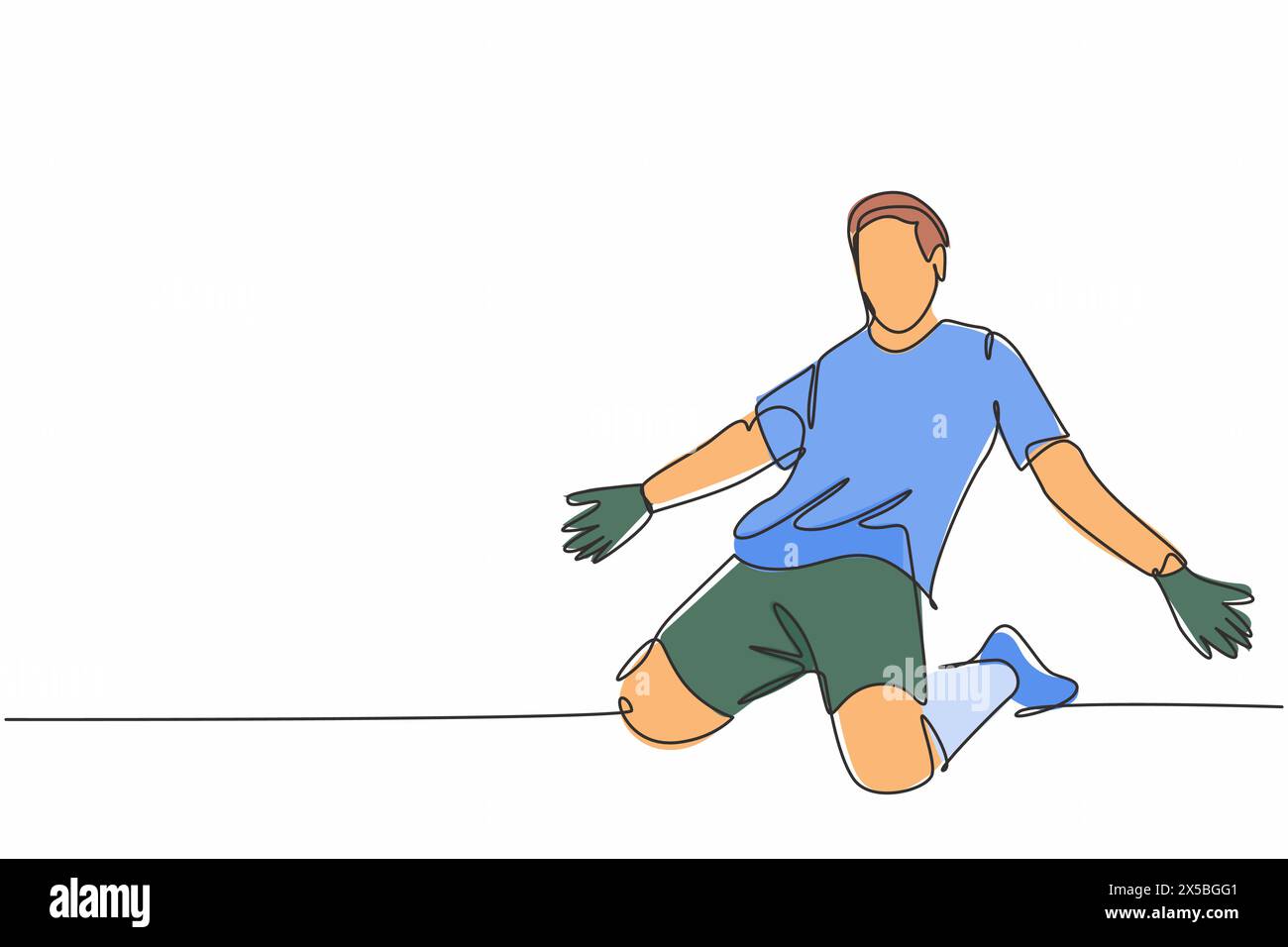Un disegno continuo di un giovane giocatore di calcio sportivo che si stenderà le braccia e scivolerà sul campo. Singolo singolo concetto di celebrazione del punteggio del goal di partita Illustrazione Vettoriale