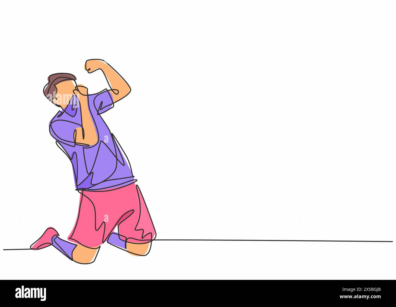 Un disegno in linea unico del distintivo club per il giocatore di calcio sportivo giovane professionista che bacia la maglia dopo il goal. Conce di celebrazione dell'obiettivo di partita Illustrazione Vettoriale