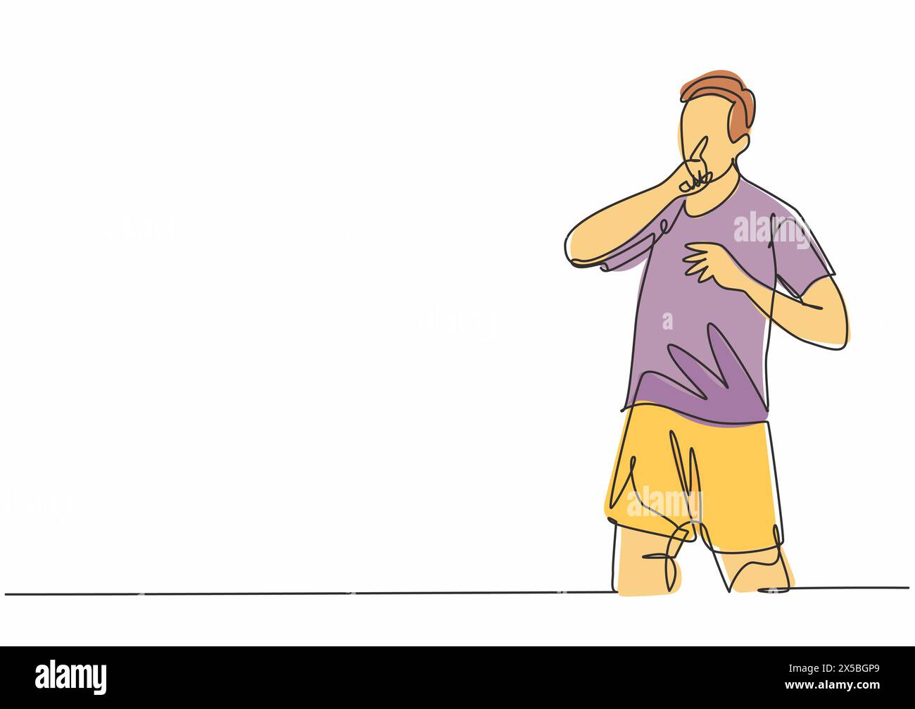Il disegno continuo di un giovane giocatore di calcio sportivo fa un gesto tranquillo con il dito ai tifosi rivali. Match calcio obiettivo celebratio Illustrazione Vettoriale