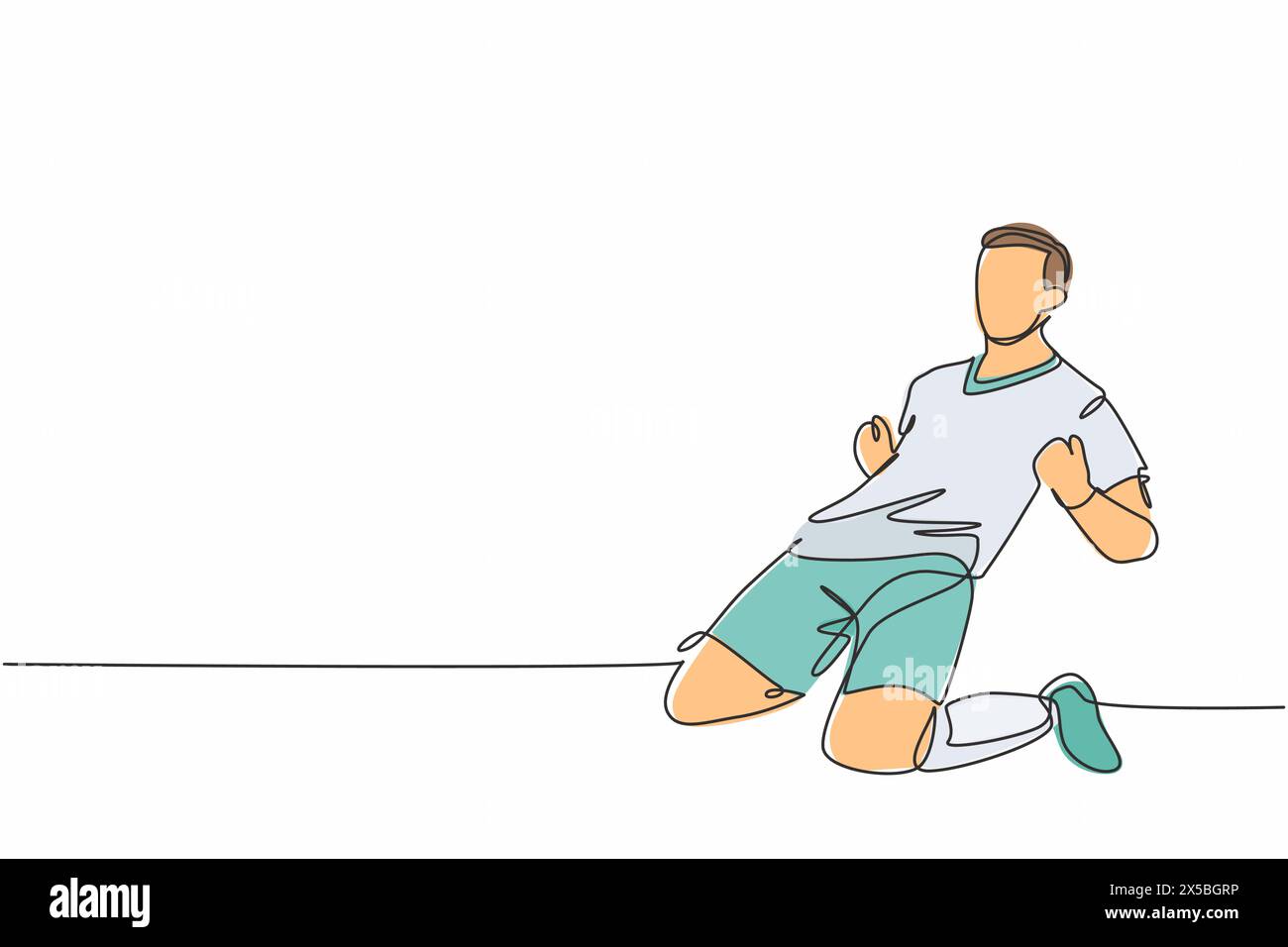 Un disegno continuo di un giovane giocatore di calcio sportivo che scivola sul campo emotivamente dopo aver segnato un gol. Concep. Celebrazione punteggio goal partita Illustrazione Vettoriale