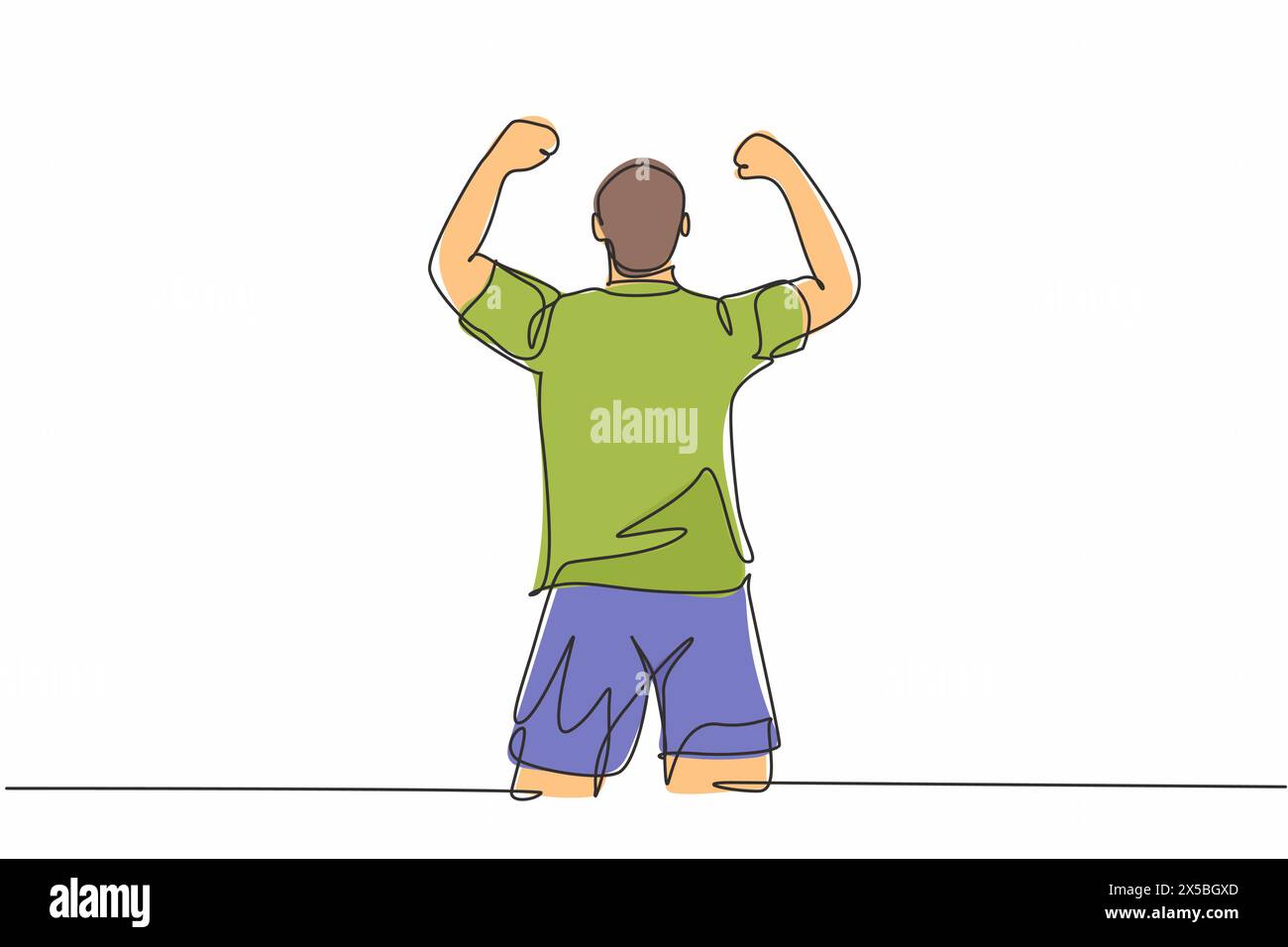 Un disegno continuo di un giovane giocatore di calcio sportivo solleva le sue mani pugnali fino al cielo emotivamente sul campo. Gol di partita con celebrazione punteggio Illustrazione Vettoriale