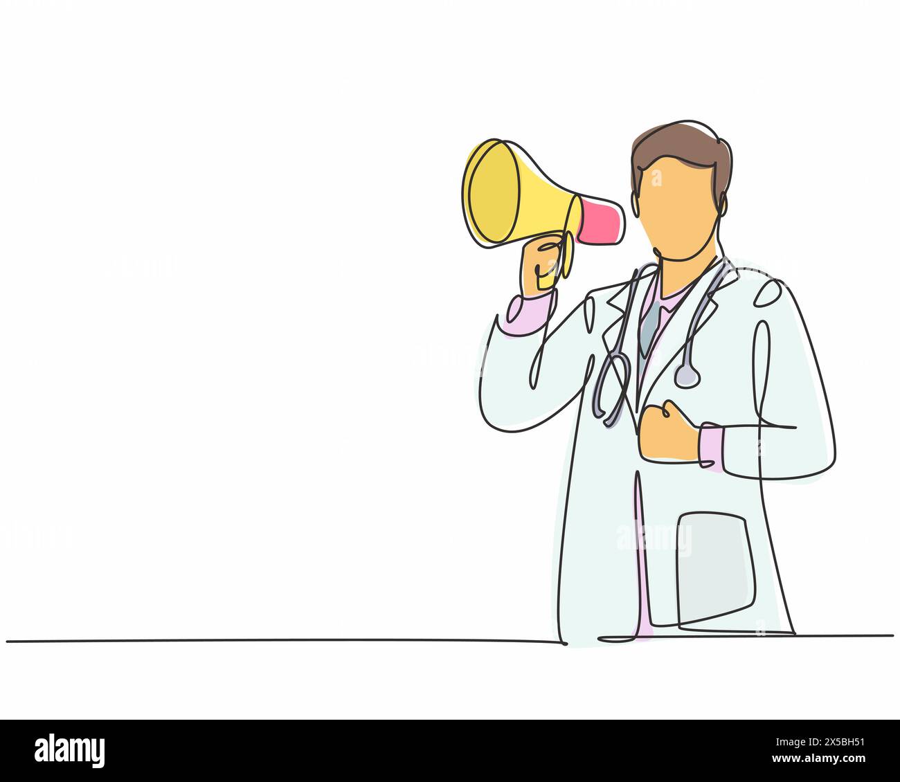 Disegno a linea singola continua del giovane medico maschile che punta il dito su qualcosa e tiene in ospedale il megafone altoparlante. Operatori sanitari Illustrazione Vettoriale