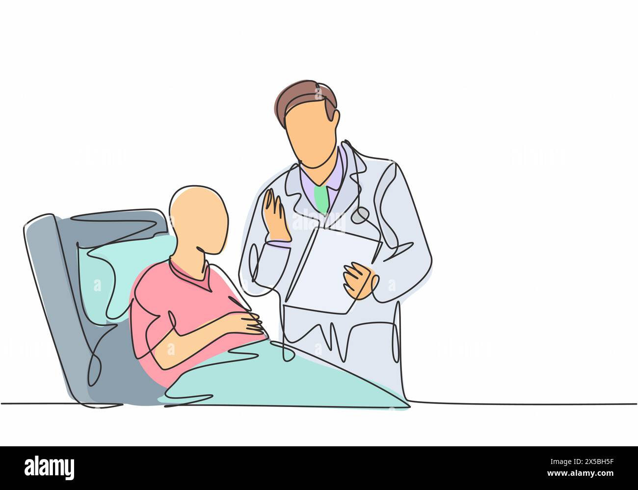Un disegno unico del giovane medico maschile discutere progressi positivi per la salute con il vecchio paziente cancro che si stendono sul letto dell'ospedale. Concetto di assistenza medica Illustrazione Vettoriale