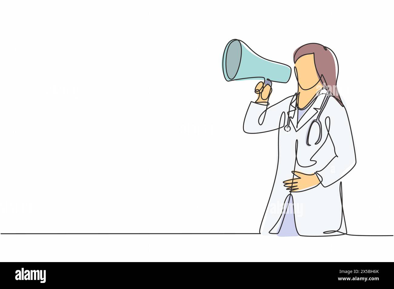 Il disegno continuo di una giovane medico femminile ha annunciato importanti informazioni per il paziente utilizzando il megafono altoparlante. Salute medica worke Illustrazione Vettoriale