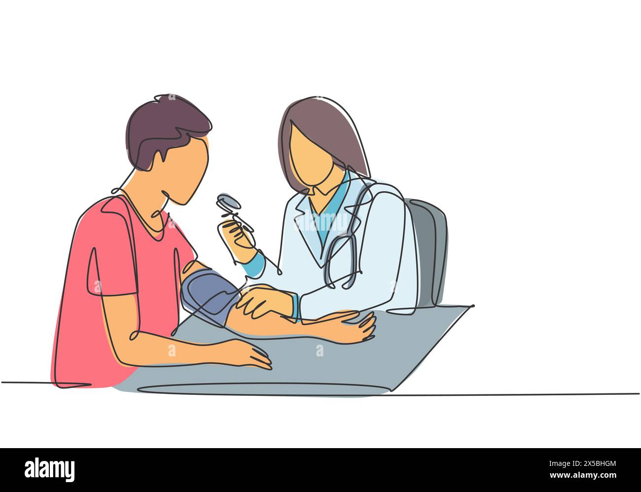 Un disegno continuo a linea singola di una giovane medico femminile controlla la pressione sanguigna e la frequenza del polso della paziente in ospedale. Controllo medico su sanità c Illustrazione Vettoriale Un disegno continuo a linea singola di una giovane medico femminile controlla la pressione sanguigna e la frequenza del polso della paziente in ospedale. Controllo medico su sanità c Illustrazione Vettoriale