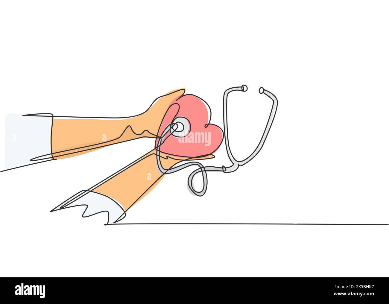 Un disegno a linea singola di giovane medico che tiene stetoscopio e decorazione di forma del cuore come simbolo battito cardiaco sano. Concetto di assistenza sanitaria conti Illustrazione Vettoriale