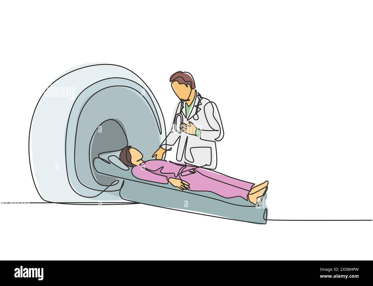 Un disegno continuo del giovane medico di sesso maschile esegue la procedura di risonanza magnetica per la scansione TC di pazienti con cancro di sesso maschile. Concetto di servizio di trattamento medico a linea singola dr Illustrazione Vettoriale