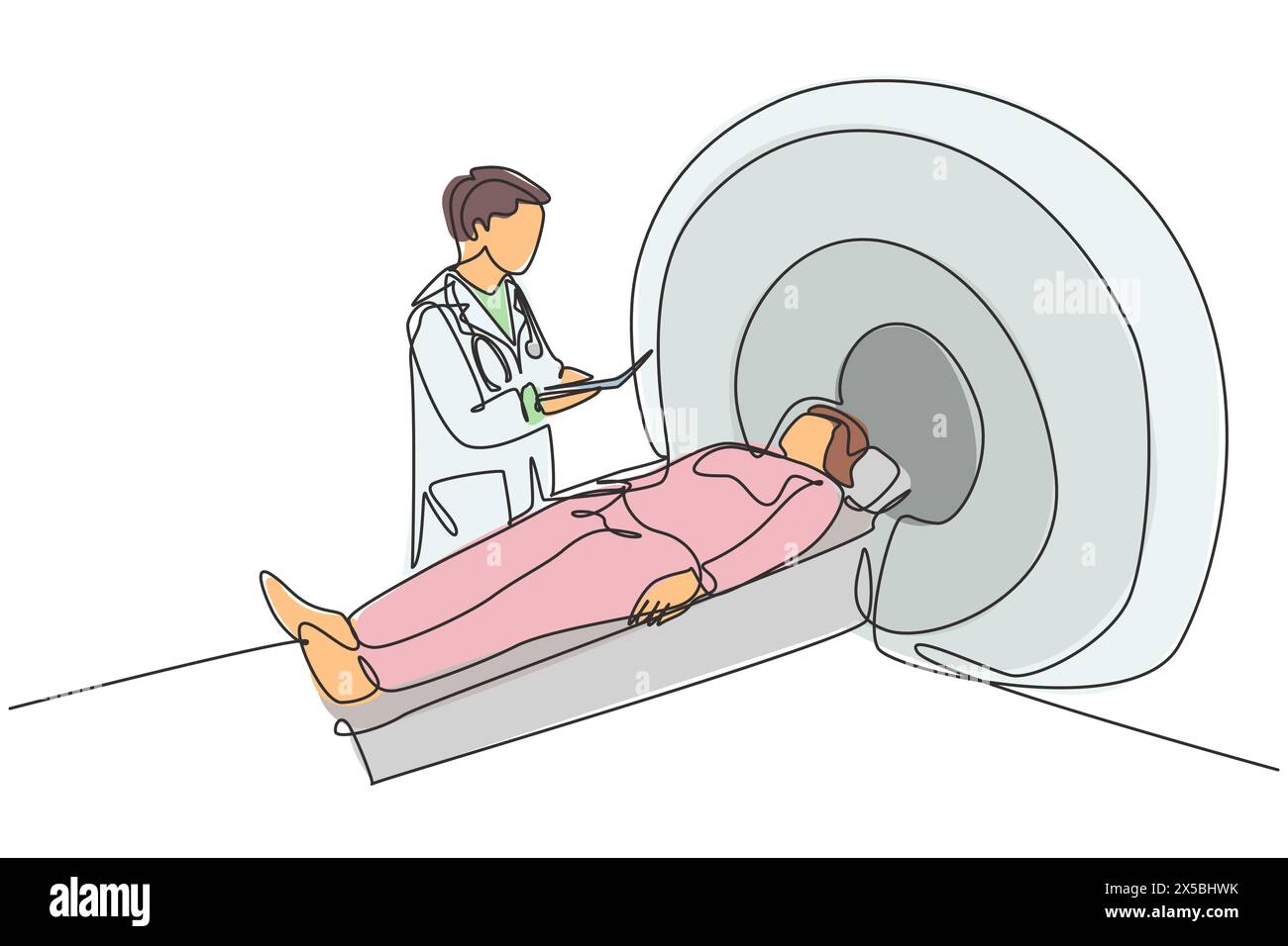 Disegno a linea singola continua del giovane medico maschile eseguire la procedura di RM al paziente che ha subito un danno cerebrale ictus. Concep. Servizio di trattamento medico Illustrazione Vettoriale