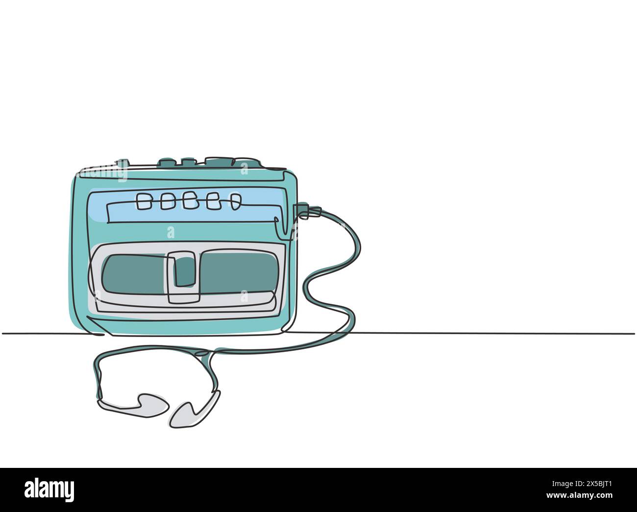Un disegno a linea singola di un vecchio classico radiotelefono portatile retro con auricolare. Vintage mobile cassette player oggetto concetto linea continua disegnare desig Illustrazione Vettoriale