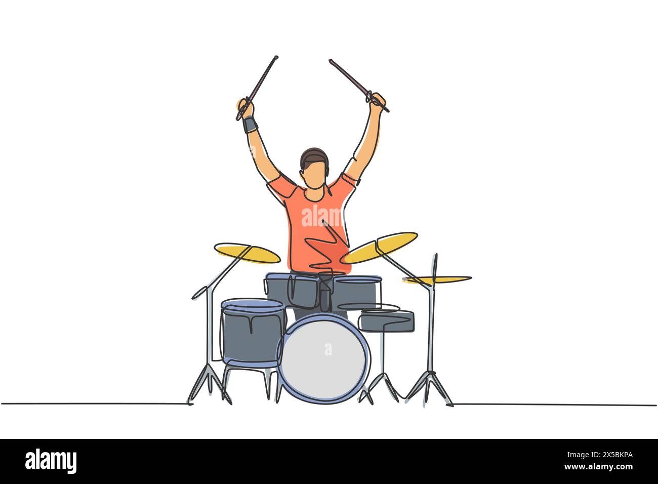 Un disegno a linea singola di un giovane batterista maschio felice solleva il batterista mentre suona il drum set sul palco del concerto di musica. Musicista artista concetto di performance Illustrazione Vettoriale