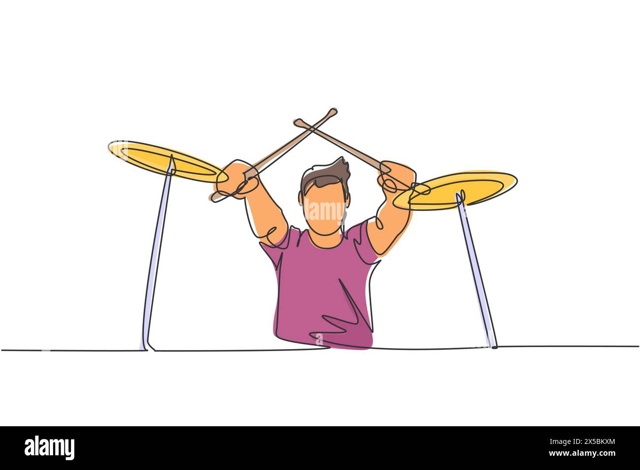 Un disegno su una sola riga di un giovane batterista maschile che attraversa la bacchetta mentre suona la batteria sul palco del festival musicale. Artista musicista che si esibisce Illustrazione Vettoriale