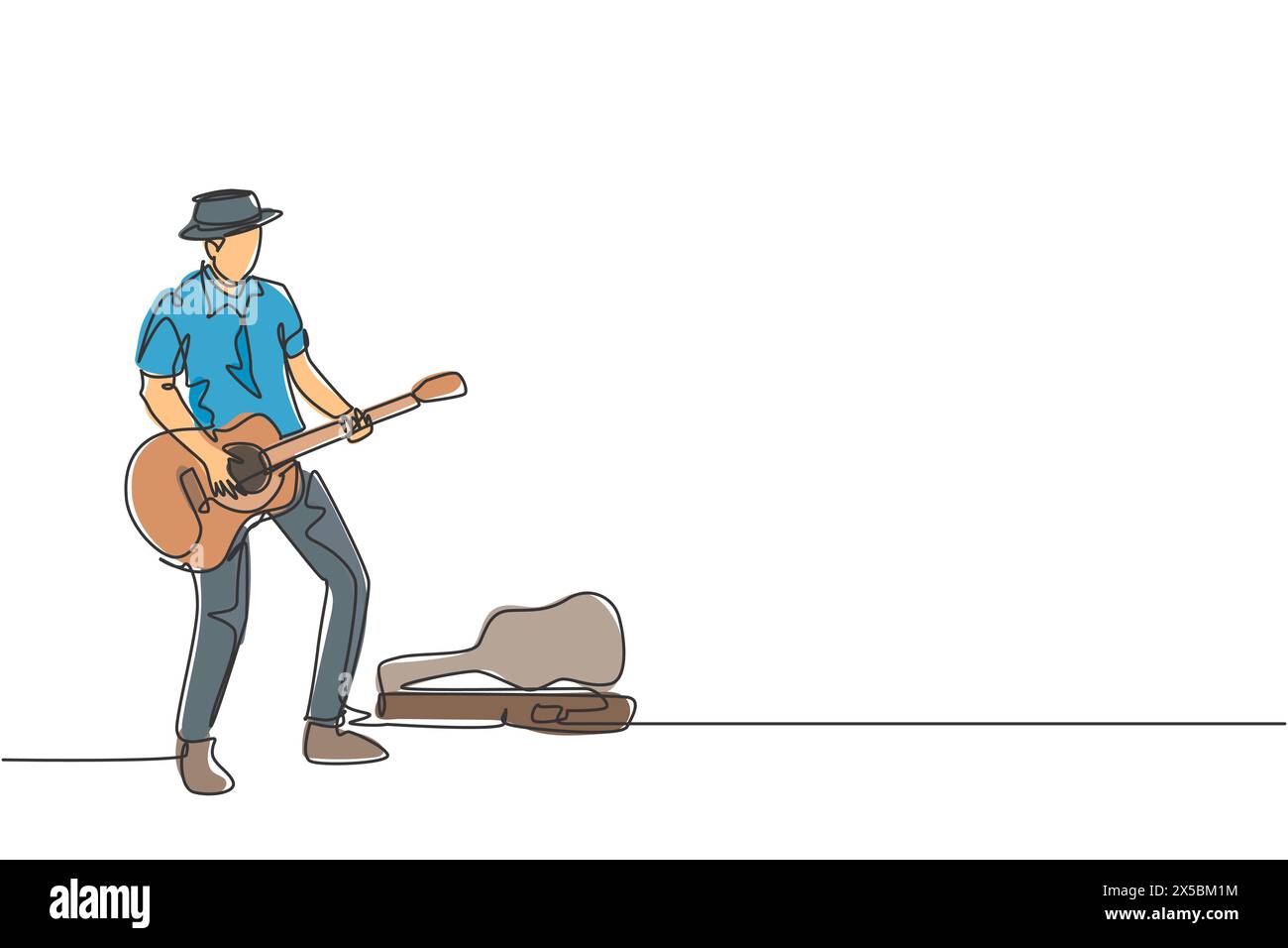 Un disegno continuo di giovane chitarrista maschio felice in piedi e in autobus suonando la chitarra sulla strada della città. Artista musicista di strada conc Illustrazione Vettoriale