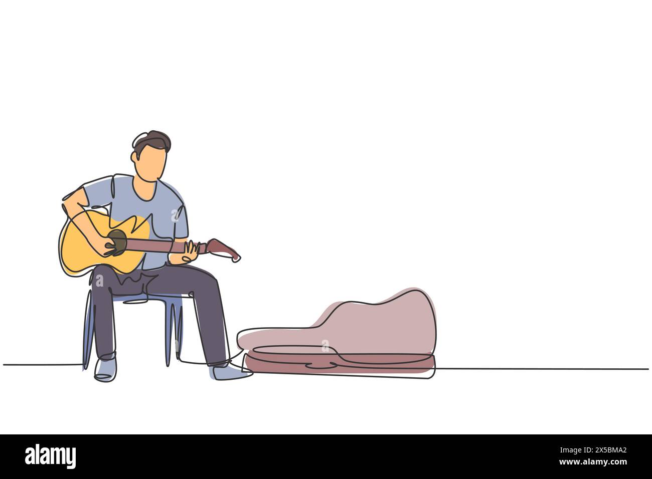 Un disegno continuo di un giovane chitarrista maschio felice seduto e che cammina suonando la chitarra sulla strada di Uptown. Artista musicista di strada con Illustrazione Vettoriale