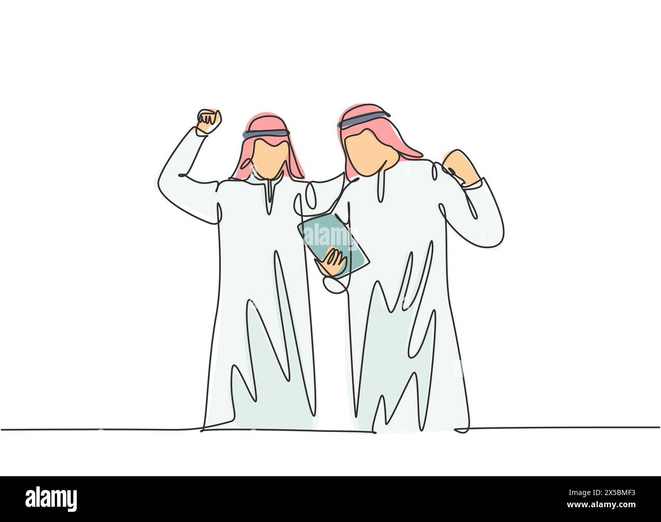 Un singolo disegno di linea del responsabile di vendite musulmano felice giovane celebra il successo mentre guarda il gadget. Arabia Saudita con kandora, sciarpa, tobolo, ghutra Illustrazione Vettoriale