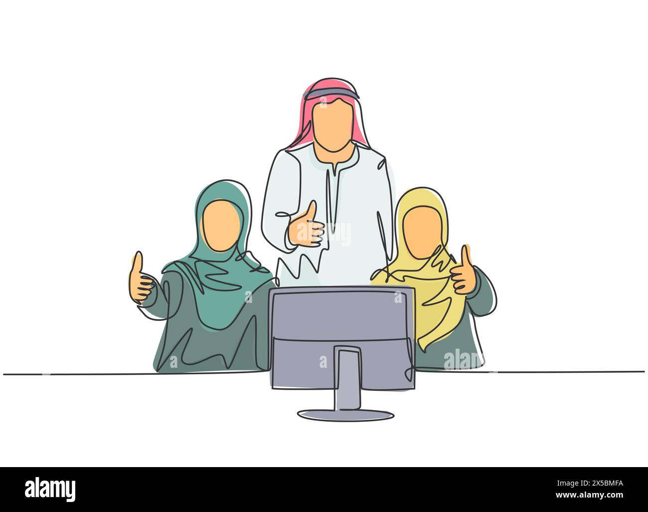 Un disegno continuo di giovani lavoratori musulmani maschi e femmine che danno il pollice ai gesti. Shemag di abbigliamento islamico, kandura, sciarpa, keffiy Illustrazione Vettoriale