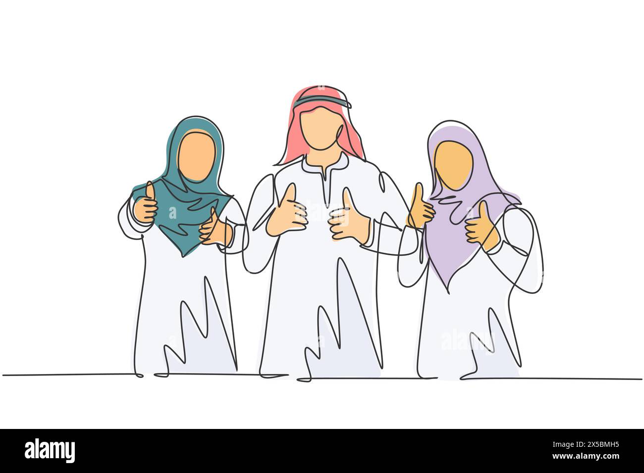 Un unico disegno continuo di un giovane direttore generale musulmano con i suoi assistenti che danno gesti di pollice su. Tessuto arabo medio-orientale kandura, thawb, ro Illustrazione Vettoriale