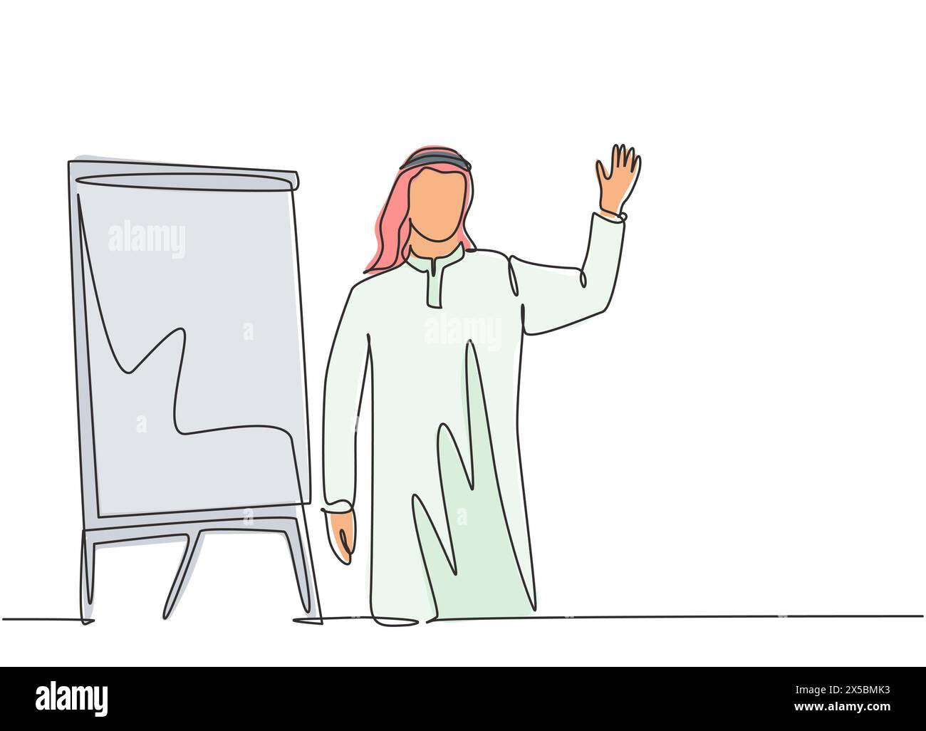 Un unico disegno di linea continuo del fondatore giovane musulmano della startup fa la presentazione ai membri della squadra dell'azienda. Arab medio est tessuto shmagh, kandura, thawb, Illustrazione Vettoriale