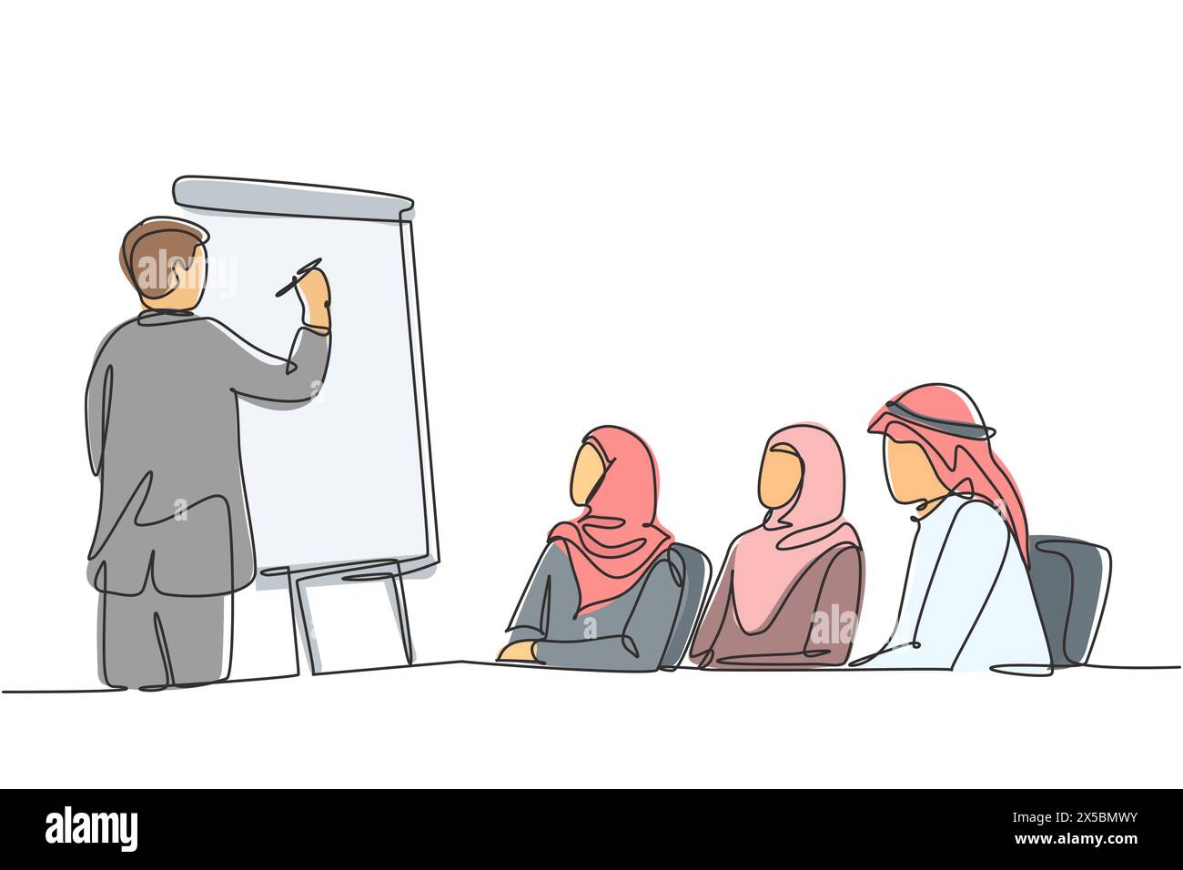 Una singola linea di disegno di giovane felice musulmano che impara la strategia di affari dal consulente. Arabia Saudita panno shmag, kandora, sciarpa, thobe, ghutra. Illustrazione Vettoriale