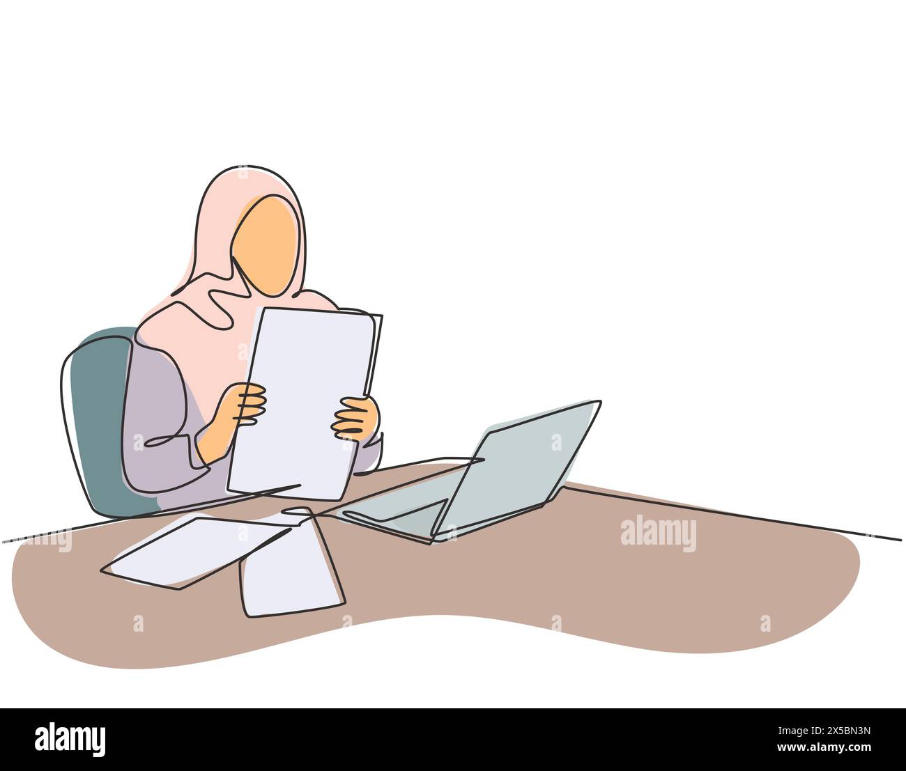 Disegno unico continuo di linea della giovane donna musulmana prepara i documenti di affari di carta prima della riunione di affari all'ufficio. Arab medio est tessuto velo a Illustrazione Vettoriale