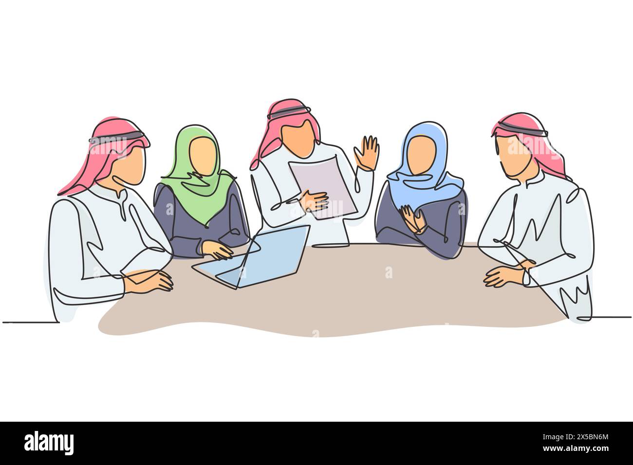 Un disegno di linea continuo di giovane uomo d'affari musulmano e donna d'affari che discute insieme il progetto di affari. Abbigliamento islamico kandura, sciarpa, hijab Illustrazione Vettoriale