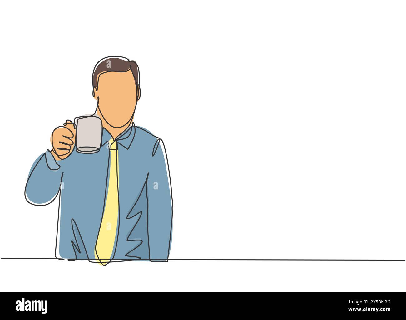 Un disegno di linea continuo di giovane uomo d'affari felice attraente che mostra una tazza di buon gusto caffè nero scuro. Concetto di tè da bere. Singolo alla moda Illustrazione Vettoriale